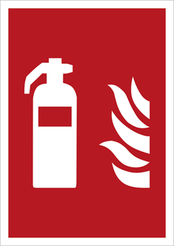 Pulverslukker og brandslukker skilt, rød farve med hvidt symbol