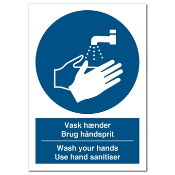 Dansk-engelsk Vask hænder Brug håndsprit skilt