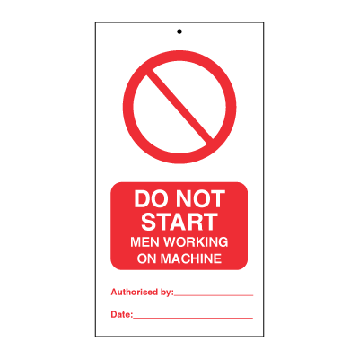 Do not start - men working on machine (packed in 10) - Tie Tags